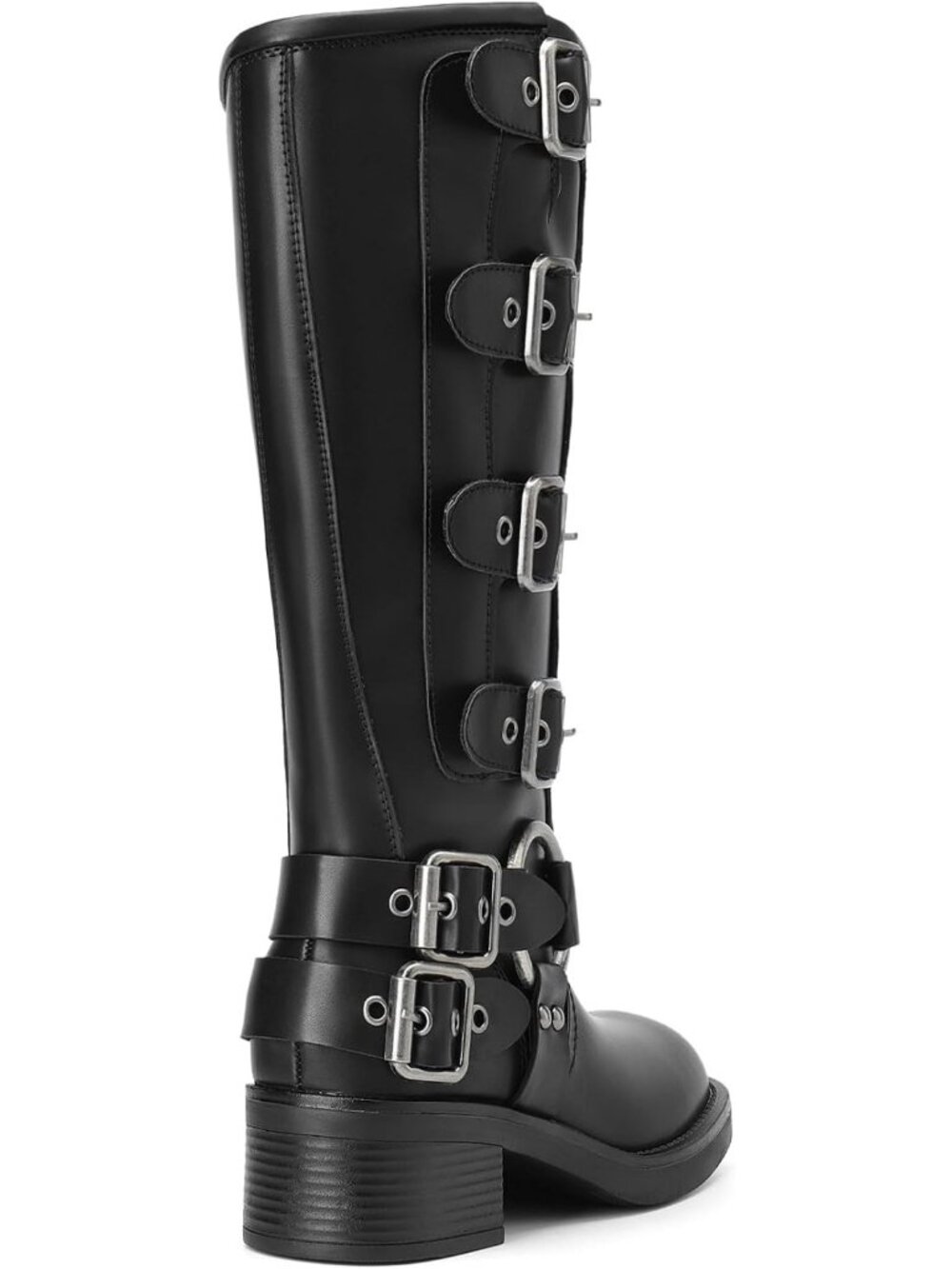 Women's Black1 Faux Leather Adjustable Buckles Chunky Heel Riding Knee High Boot - Picture 5 of 6